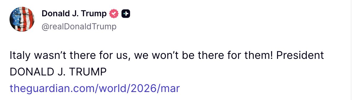 Trump: Italy wasn't there for us, we won't be there for them